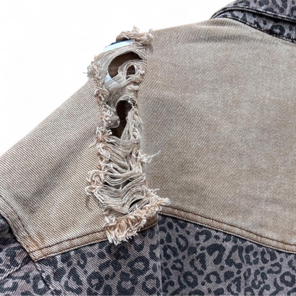 HYFVE Get Me Wild leopard print distressed denim jacket - Size L - Picture 10 of 14